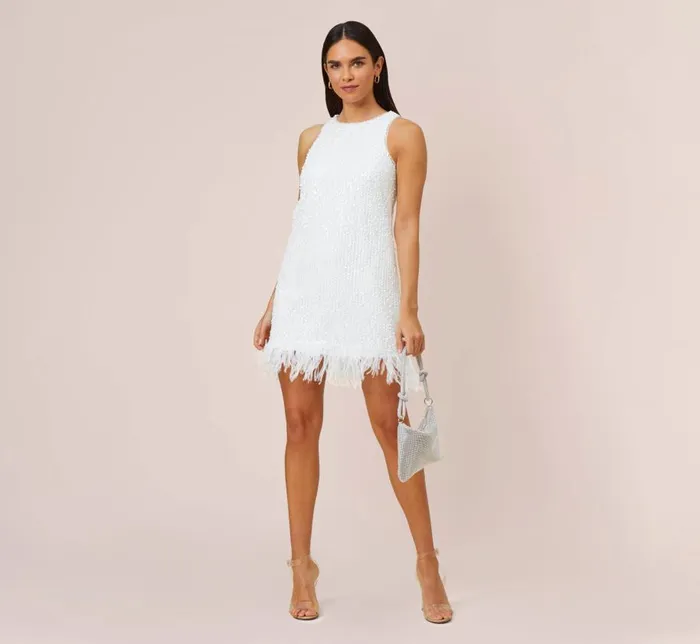 Short Dresses Womens Adrianna Papell Sequined Trapeze Halter Dress With Feather Trim In Ivory