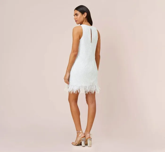 Short Dresses Womens Adrianna Papell Sequined Trapeze Halter Dress With Feather Trim In Ivory