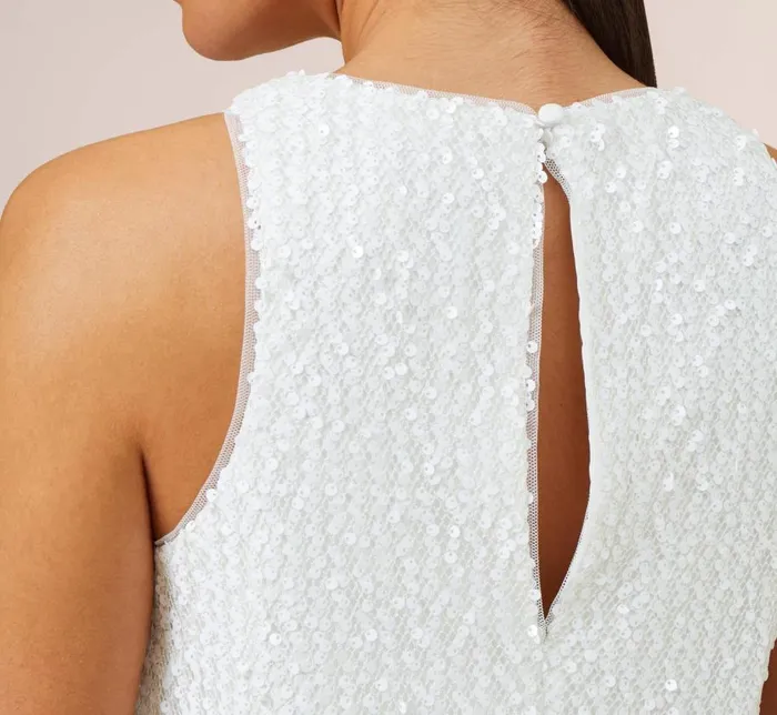 Short Dresses Womens Adrianna Papell Sequined Trapeze Halter Dress With Feather Trim In Ivory