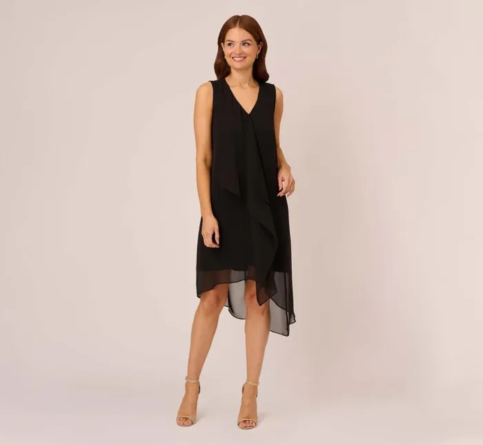 Short Dresses Womens Adrianna Papell Sleeveless Chiffon Dress With Cascading Details In Black