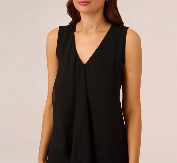 Short Dresses Womens Adrianna Papell Sleeveless Chiffon Dress With Cascading Details In Black