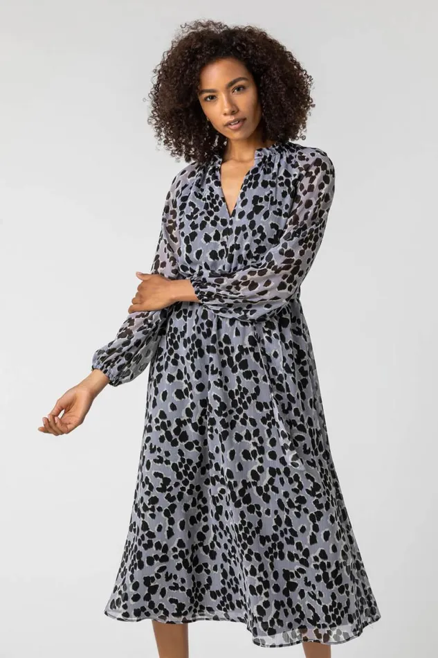 Silver Animal Print Belted Chiffon Midi Dress Women Roman Dresses