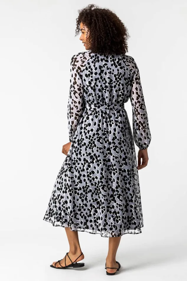Silver Animal Print Belted Chiffon Midi Dress Women Roman Dresses