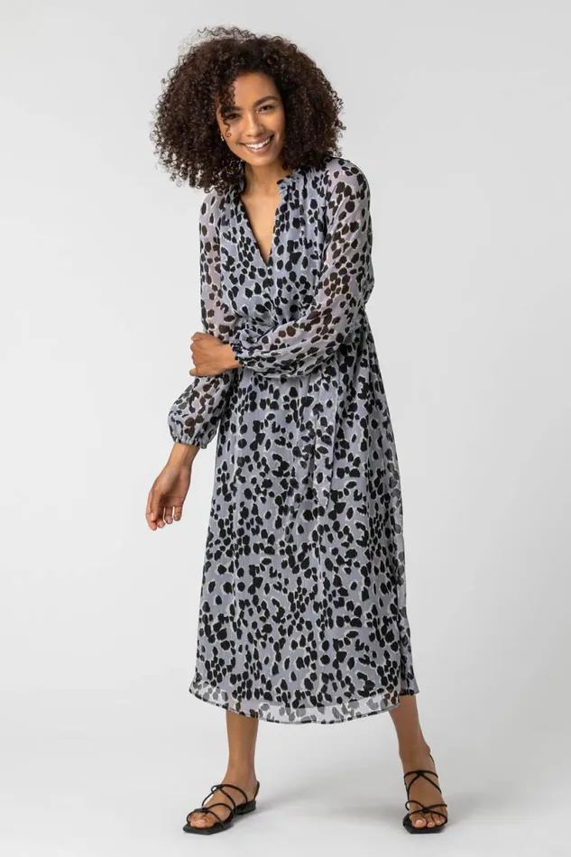 Silver Animal Print Belted Chiffon Midi Dress Women Roman Dresses