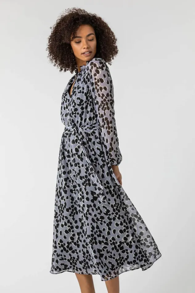 Silver Animal Print Belted Chiffon Midi Dress Women Roman Dresses