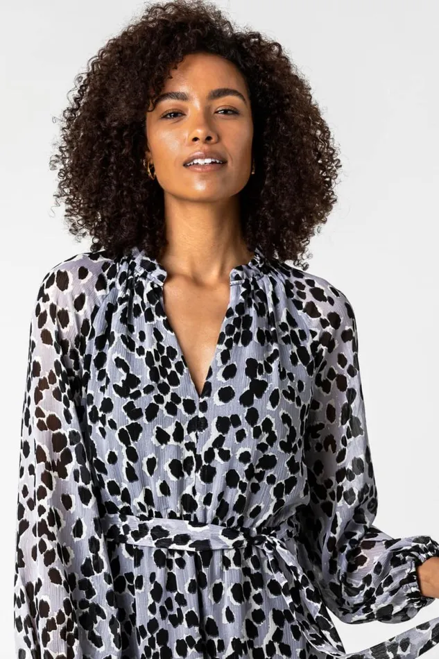 Silver Animal Print Belted Chiffon Midi Dress Women Roman Dresses