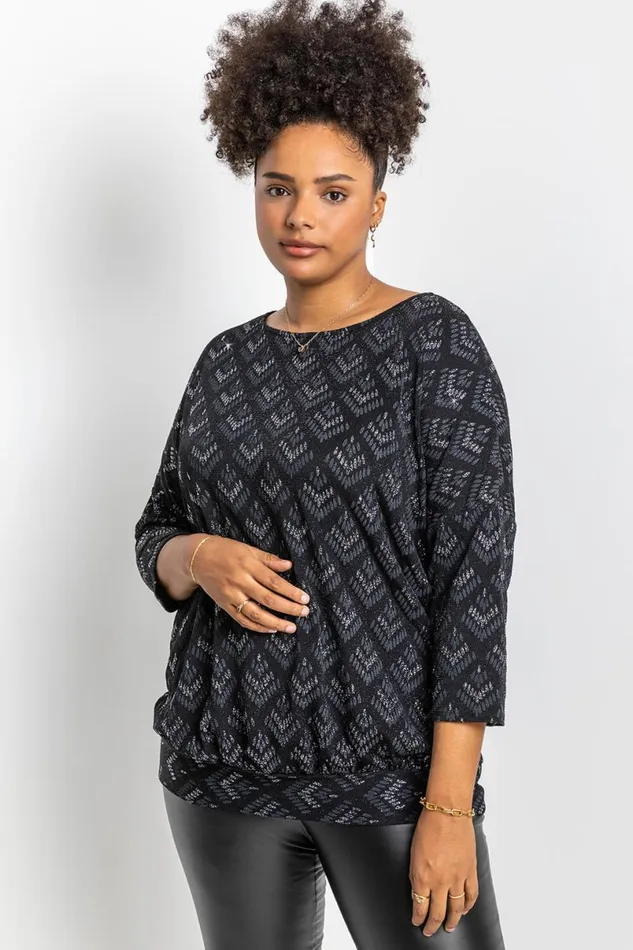 Silver Curve Glitter Print Blouson Top Women Roman Tops