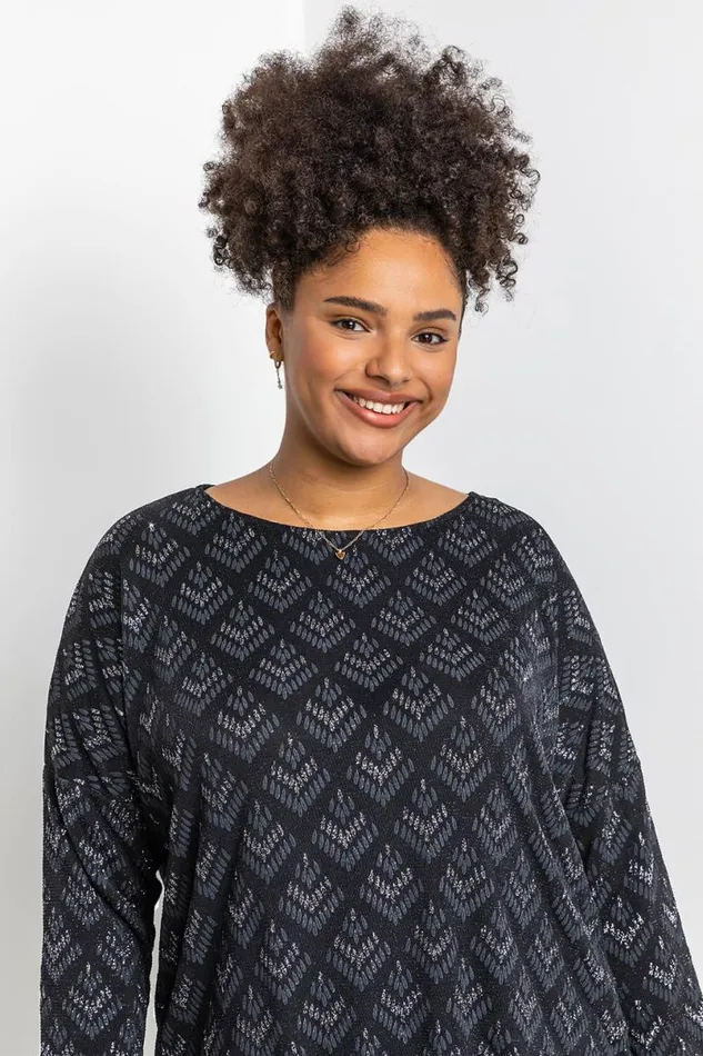 Silver Curve Glitter Print Blouson Top Women Roman Tops