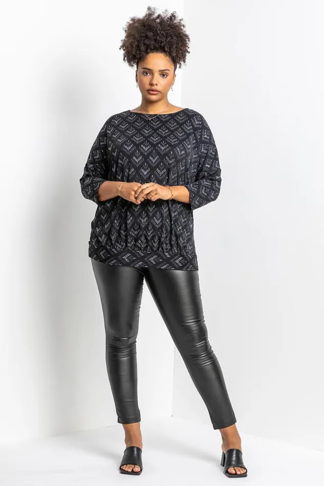 Silver Curve Glitter Print Blouson Top Women Roman Tops