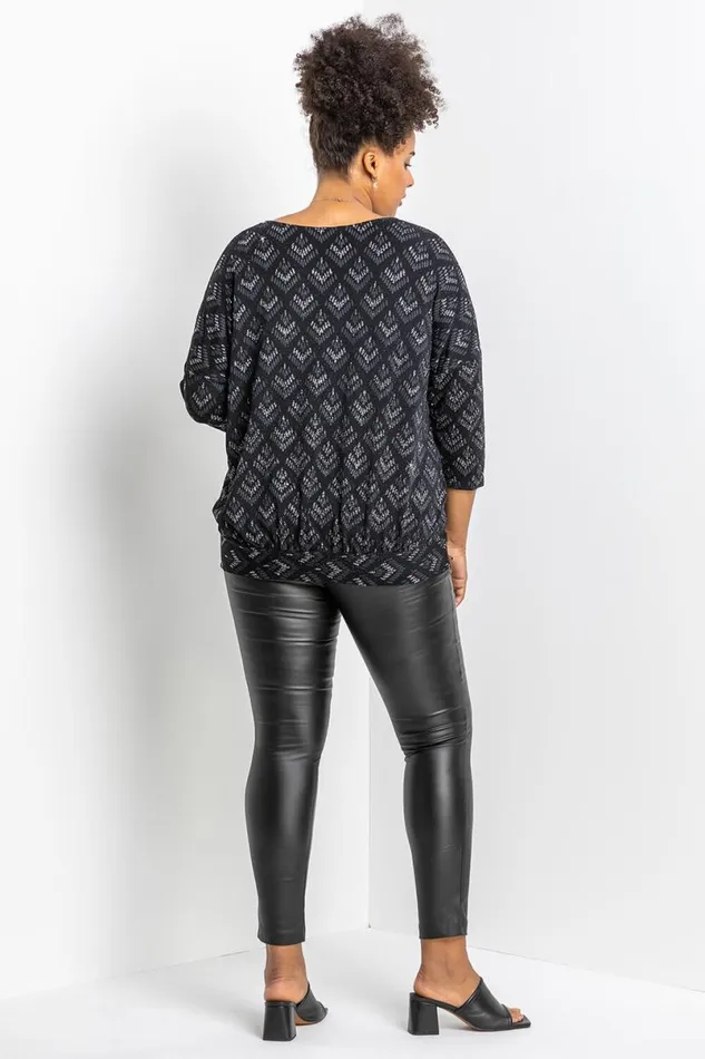Silver Curve Glitter Print Blouson Top Women Roman Tops