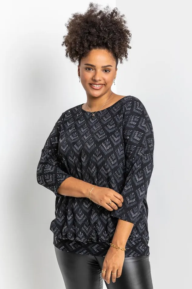 Silver Curve Glitter Print Blouson Top Women Roman Tops
