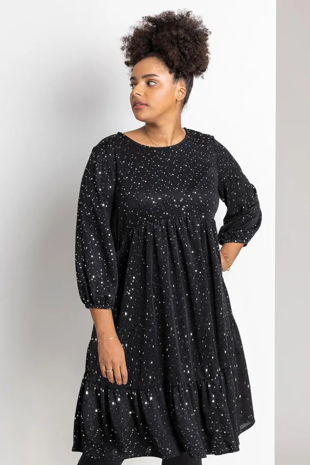 Silver Curve Shimmer Tiered Shift Dress Women Roman Dresses