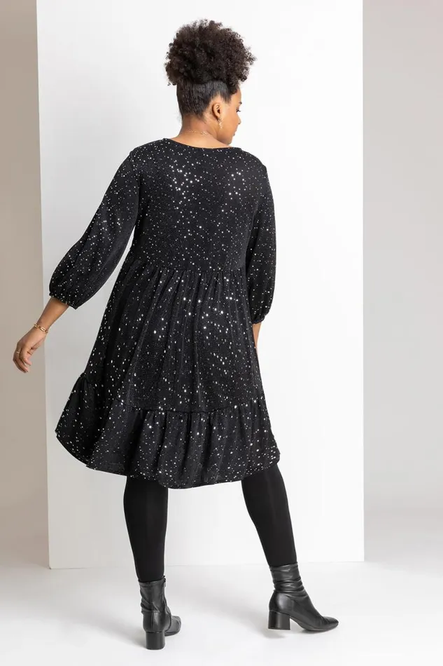 Silver Curve Shimmer Tiered Shift Dress Women Roman Dresses