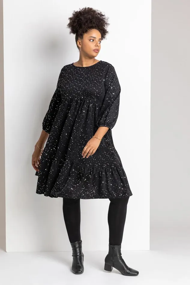 Silver Curve Shimmer Tiered Shift Dress Women Roman Dresses