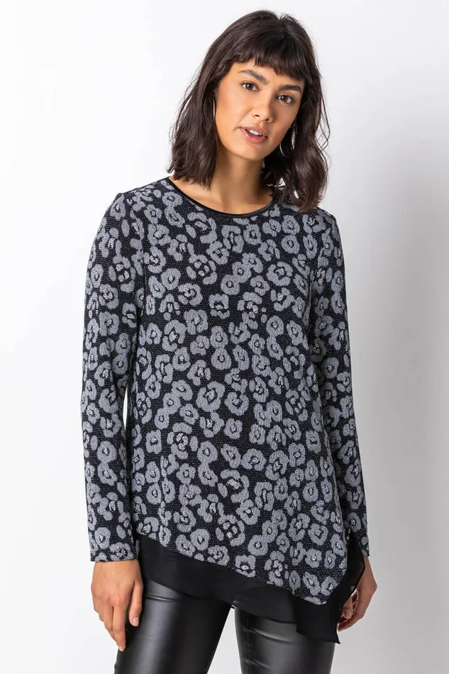 Silver Glitter Animal Print Asymmetric Hem Top Women Roman Tops