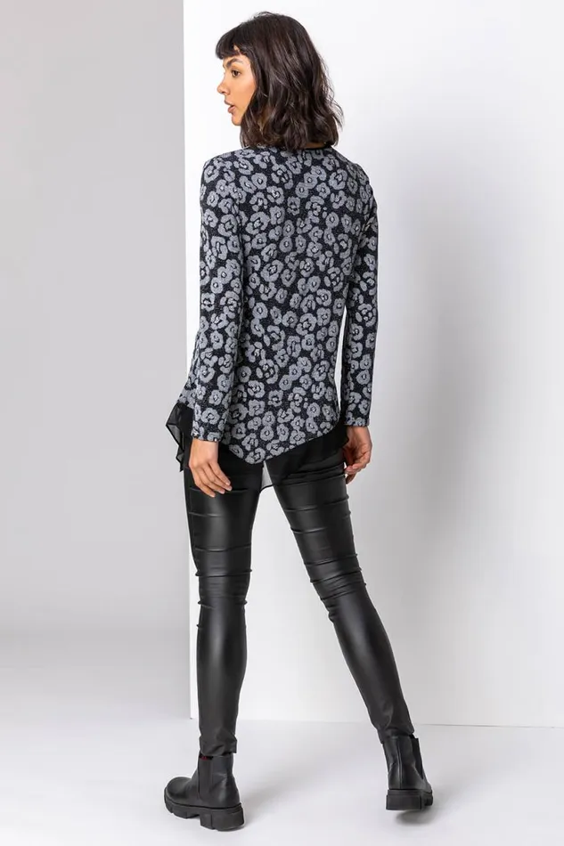 Silver Glitter Animal Print Asymmetric Hem Top Women Roman Tops