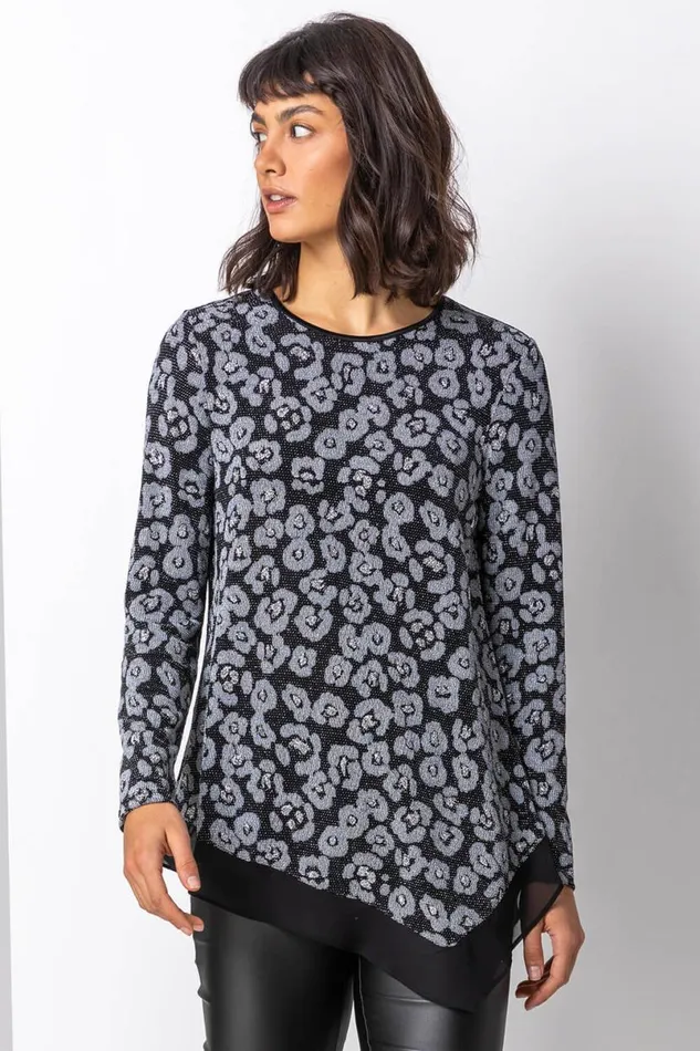 Silver Glitter Animal Print Asymmetric Hem Top Women Roman Tops