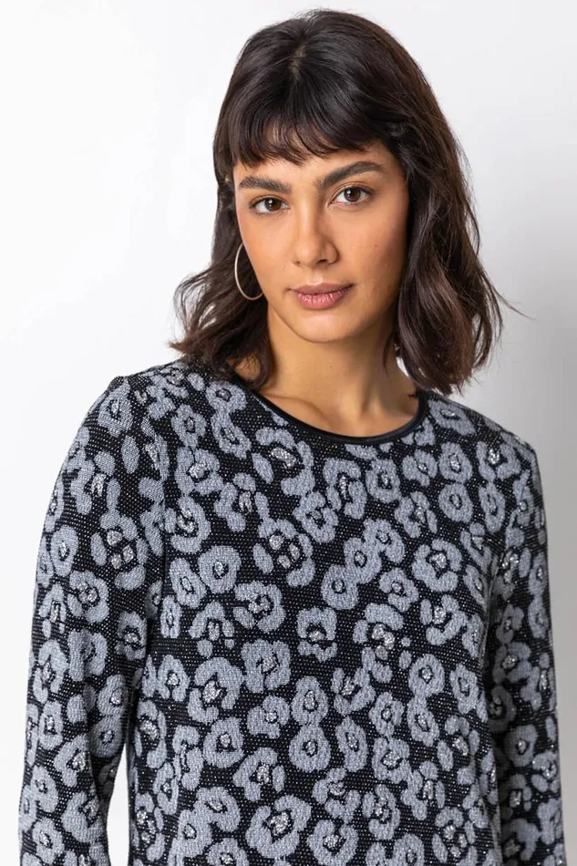 Silver Glitter Animal Print Asymmetric Hem Top Women Roman Tops