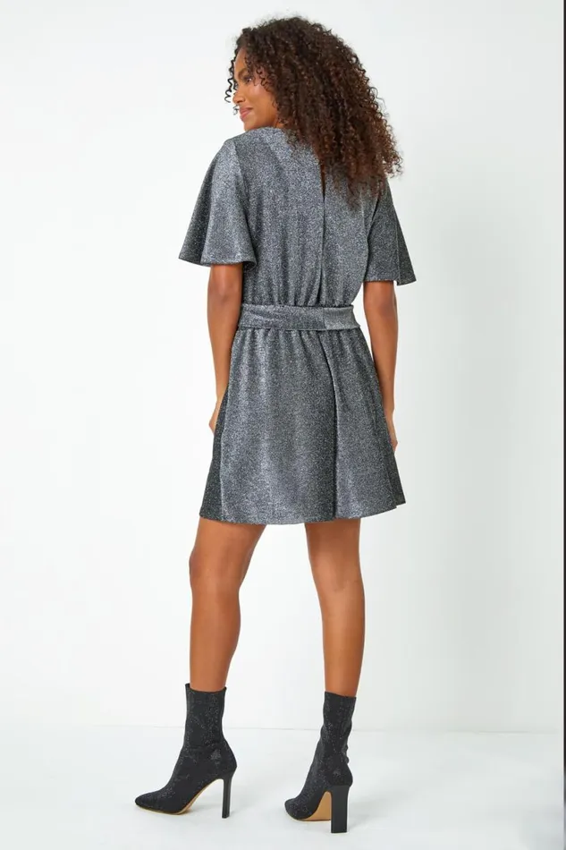 Silver Sparkle Stretch Wrap Playsuit Women Roman Dresses