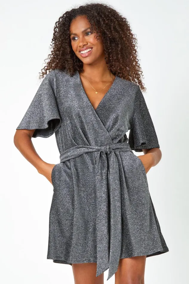 Silver Sparkle Stretch Wrap Playsuit Women Roman Dresses