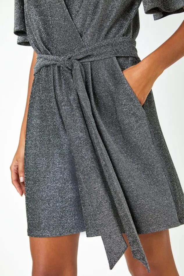 Silver Sparkle Stretch Wrap Playsuit Women Roman Dresses
