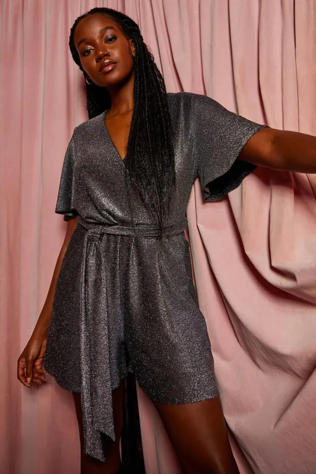 Silver Sparkle Stretch Wrap Playsuit Women Roman Dresses