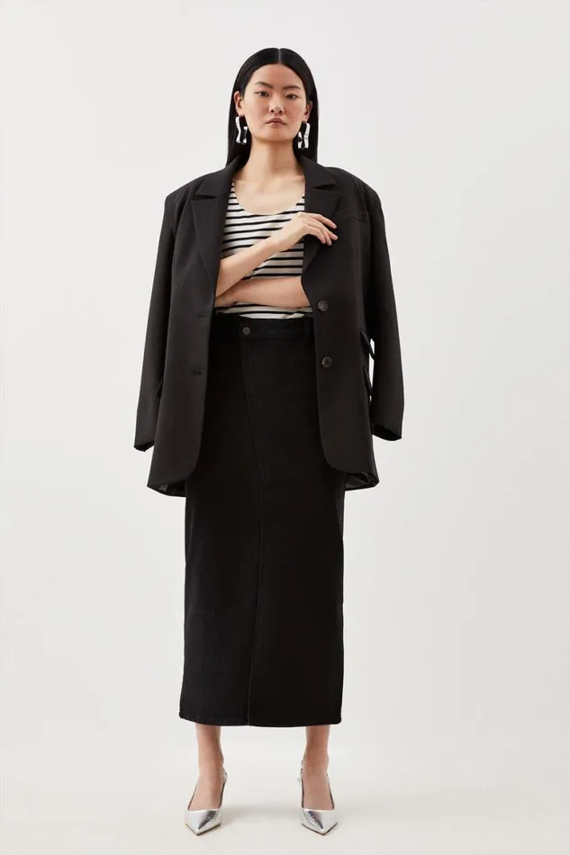 Skirts Women Karen Millen Denim Asymmetric Waistband Detail Maxi Skirt Black