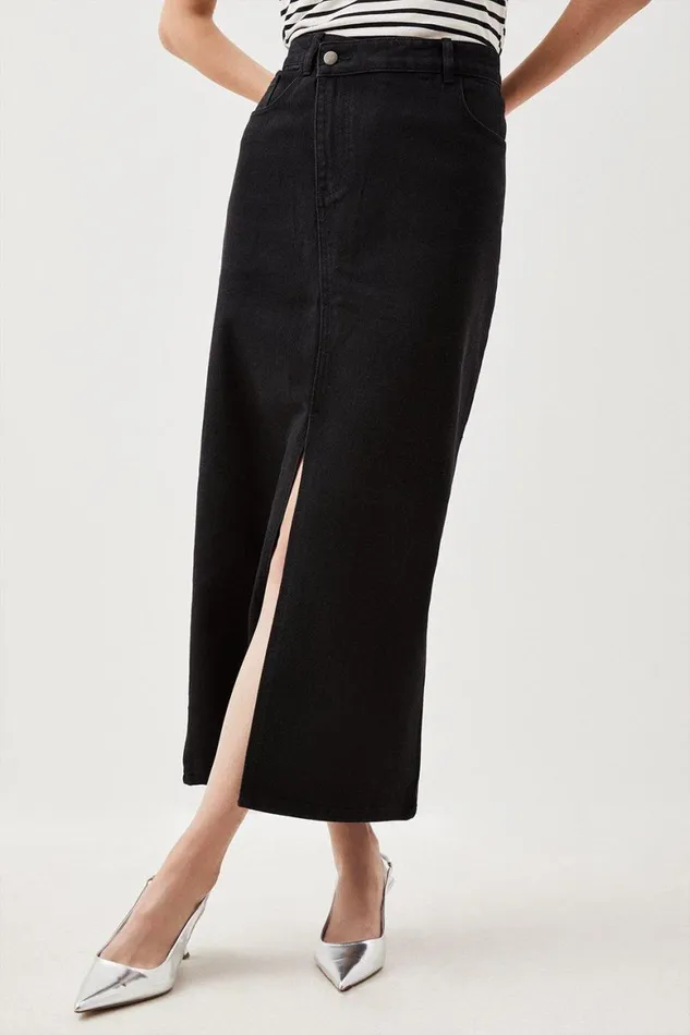 Skirts Women Karen Millen Denim Asymmetric Waistband Detail Maxi Skirt Black