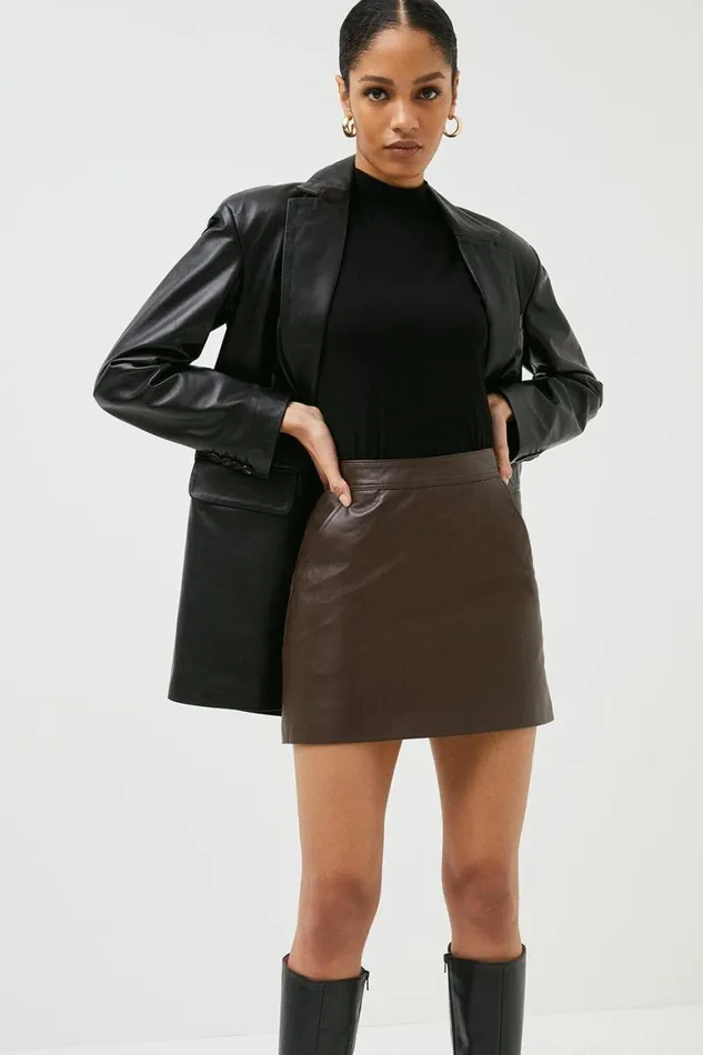 Skirts Women Karen Millen Leather Mini Skirt Chocolate