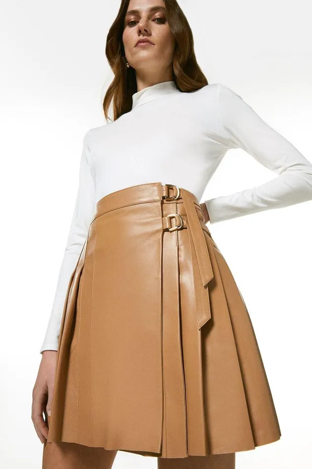 Skirts Women Karen Millen Leather Pleated Buckle Kilt Skirt Camel