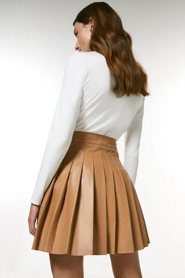 Skirts Women Karen Millen Leather Pleated Buckle Kilt Skirt Camel