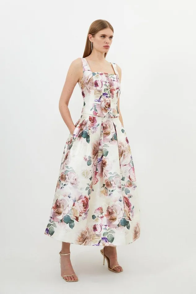 Skirts Women Karen Millen Romantic Floral Print Woven Prom Midi Skirt Floral