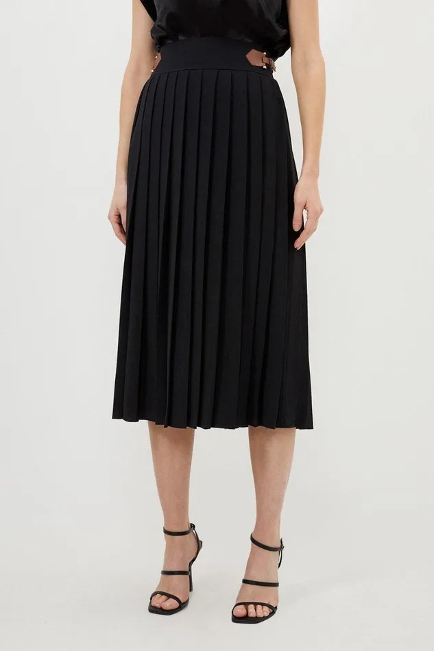 Skirts Women Karen Millen Soft Tailored Crepe Tab Detail Pleated Midi Skirt Black