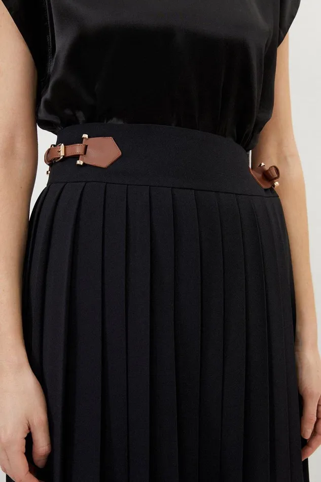 Skirts Women Karen Millen Soft Tailored Crepe Tab Detail Pleated Midi Skirt Black