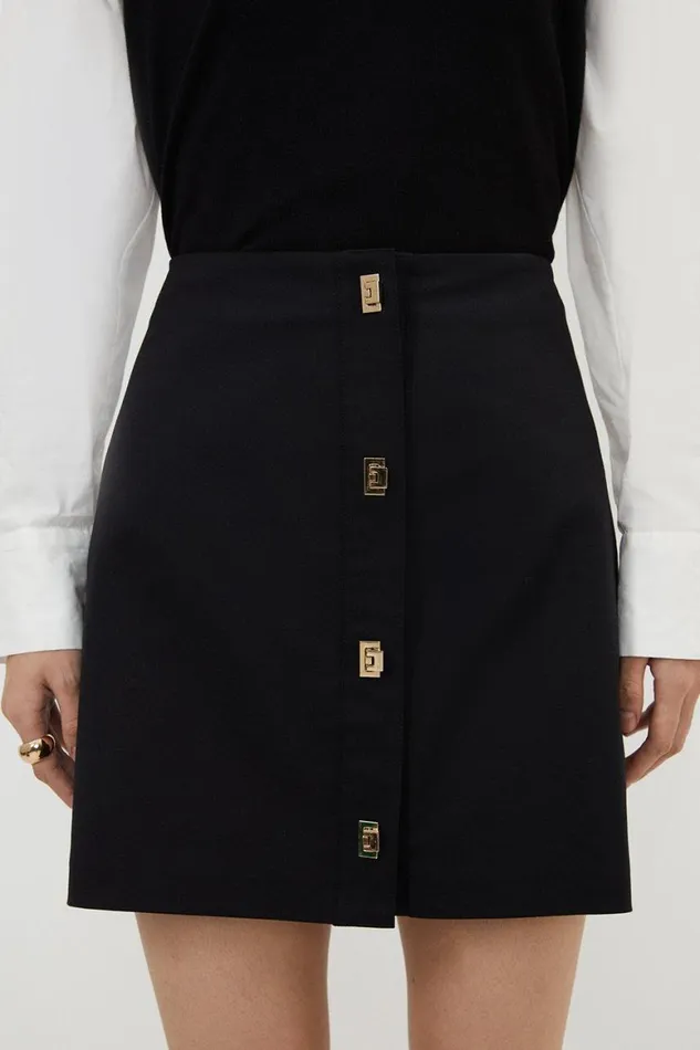 Skirts Women Karen Millen Techno Cotton Woven Skirt With Gold Clasp Black