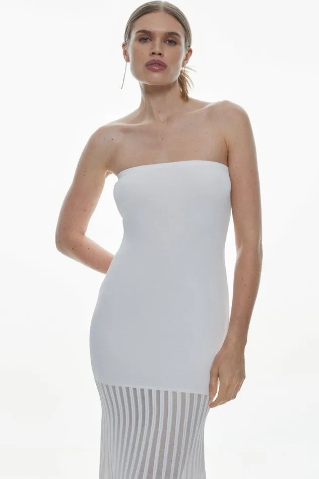 Skirts Women Karen Millen Viscose Blend Sheer Knit Bandeau Pleated Skirt Midaxi Dress Cream