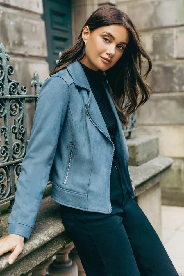 Steel Blue Faux Suede Biker Jacket Women Roman Jackets
