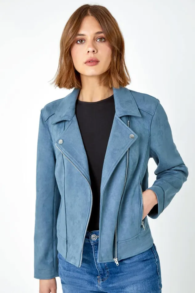 Steel Blue Faux Suede Biker Jacket Women Roman Jackets