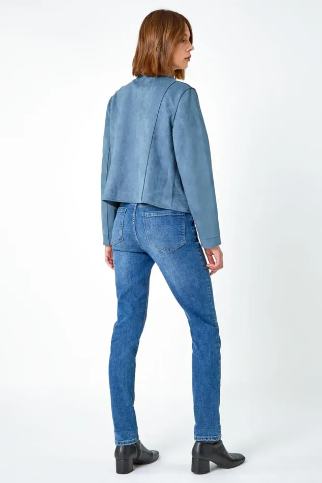 Steel Blue Faux Suede Biker Jacket Women Roman Jackets