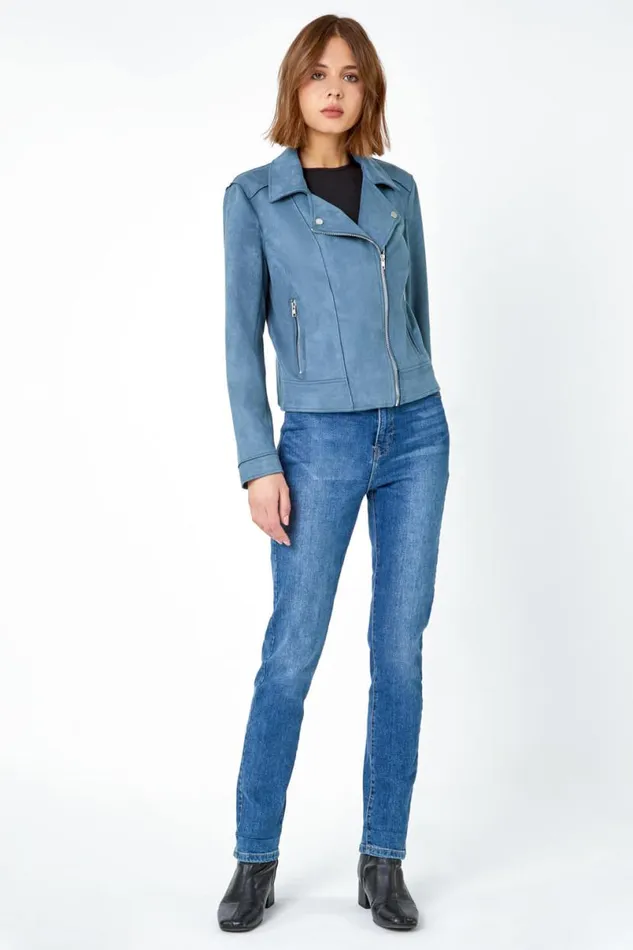 Steel Blue Faux Suede Biker Jacket Women Roman Jackets