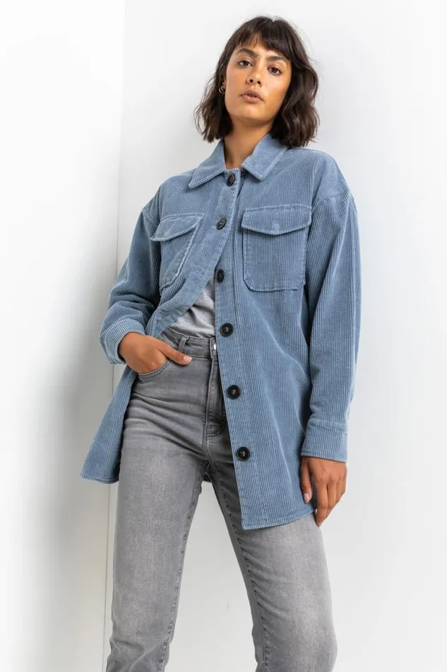 Steel Blue Washed Cord Button Through Shacket Women Roman Jackets