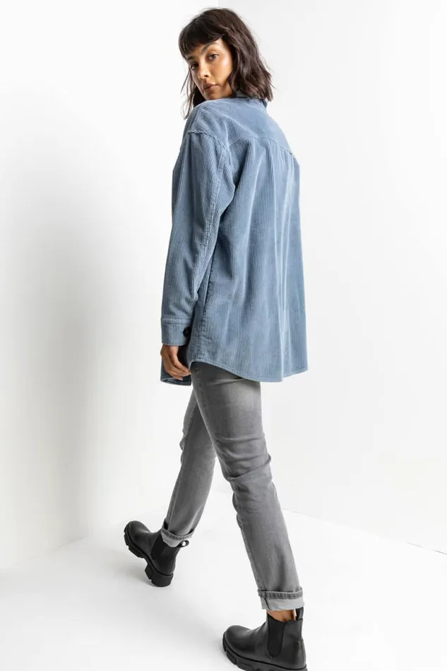 Steel Blue Washed Cord Button Through Shacket Women Roman Jackets