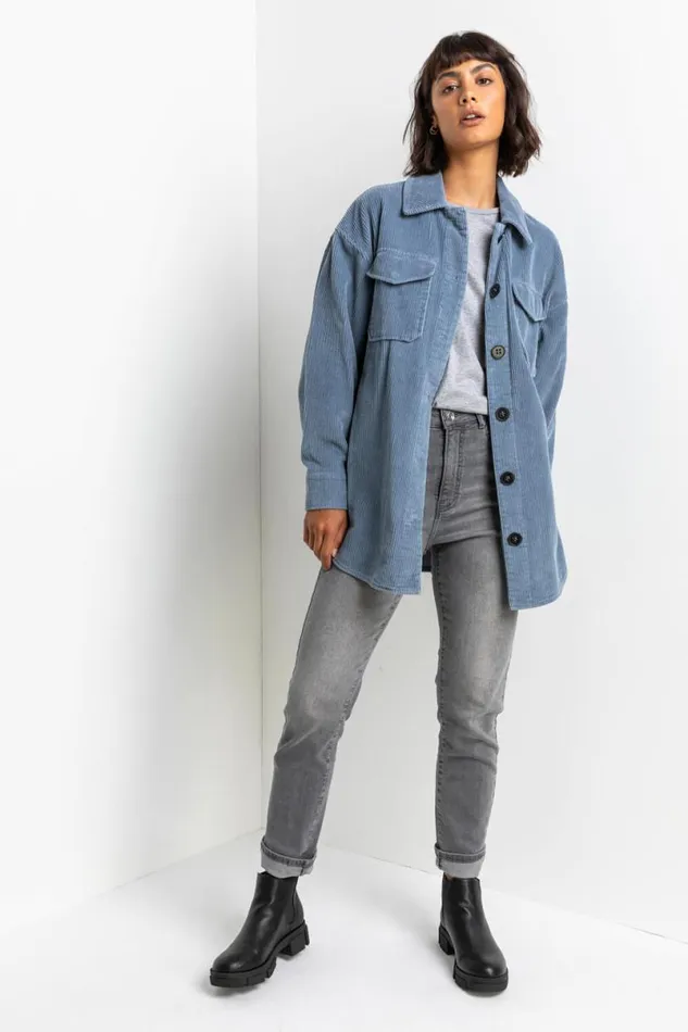 Steel Blue Washed Cord Button Through Shacket Women Roman Jackets