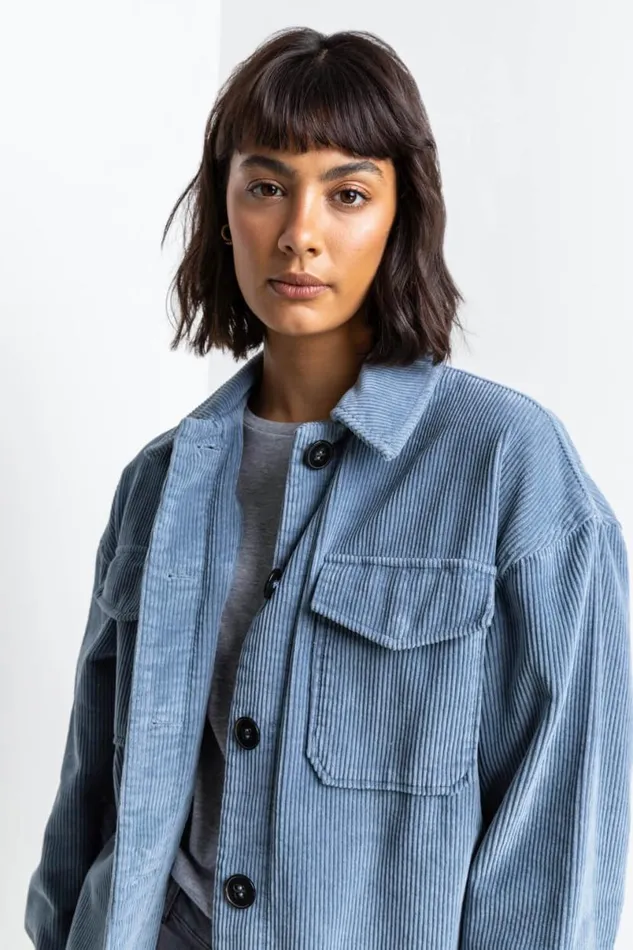Steel Blue Washed Cord Button Through Shacket Women Roman Jackets