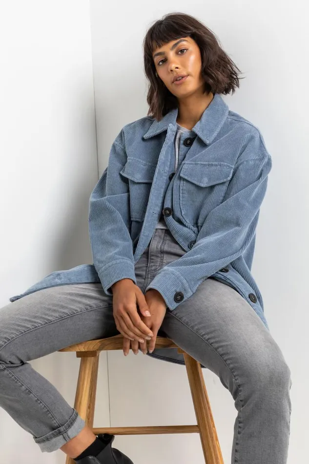 Steel Blue Washed Cord Button Through Shacket Women Roman Jackets