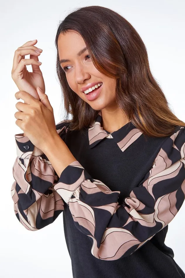 Stone Contrast Swirl Print Chiffon Sleeve Top Women Roman Tops