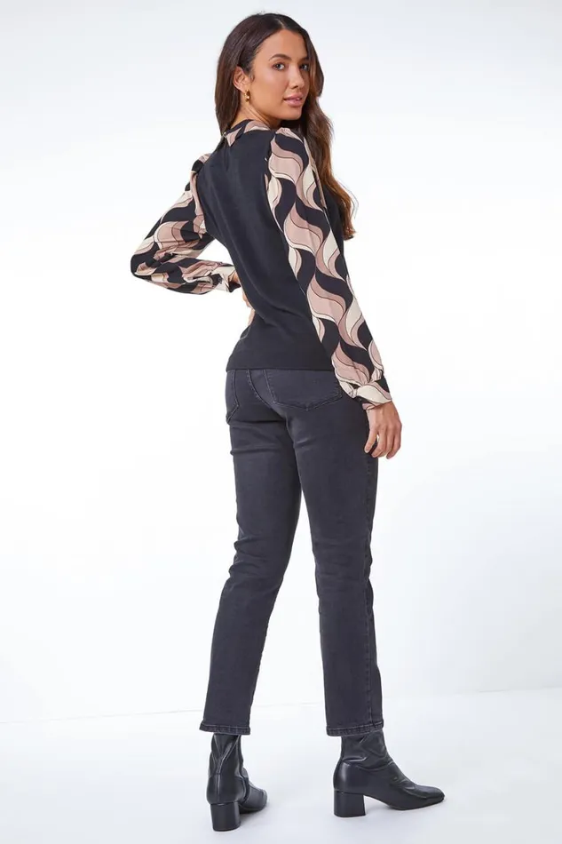 Stone Contrast Swirl Print Chiffon Sleeve Top Women Roman Tops