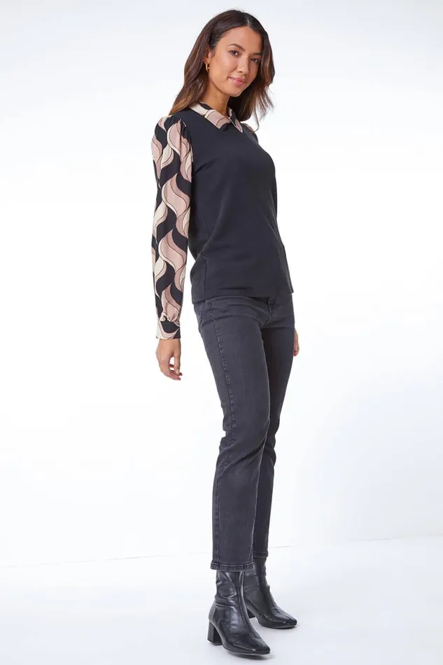 Stone Contrast Swirl Print Chiffon Sleeve Top Women Roman Tops
