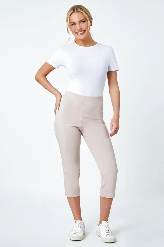 Stone Petite Elastic Waist Stretch Cropped Trouser Women Roman Trousers