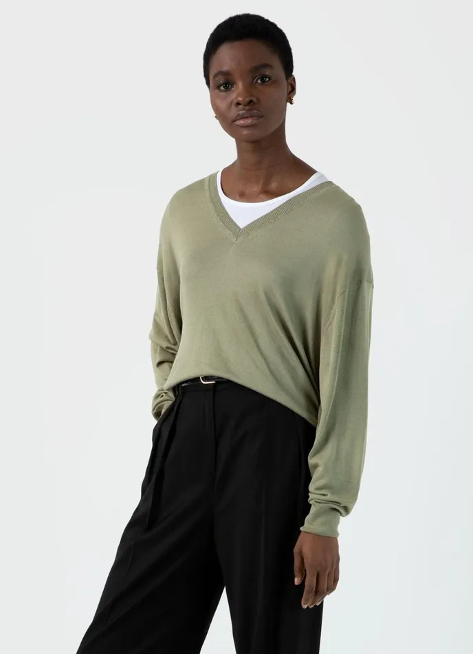 SUNSPEL Knitwear Relaxed Mulberry Silk Vneck Jumper Pale Khaki 8211 Women